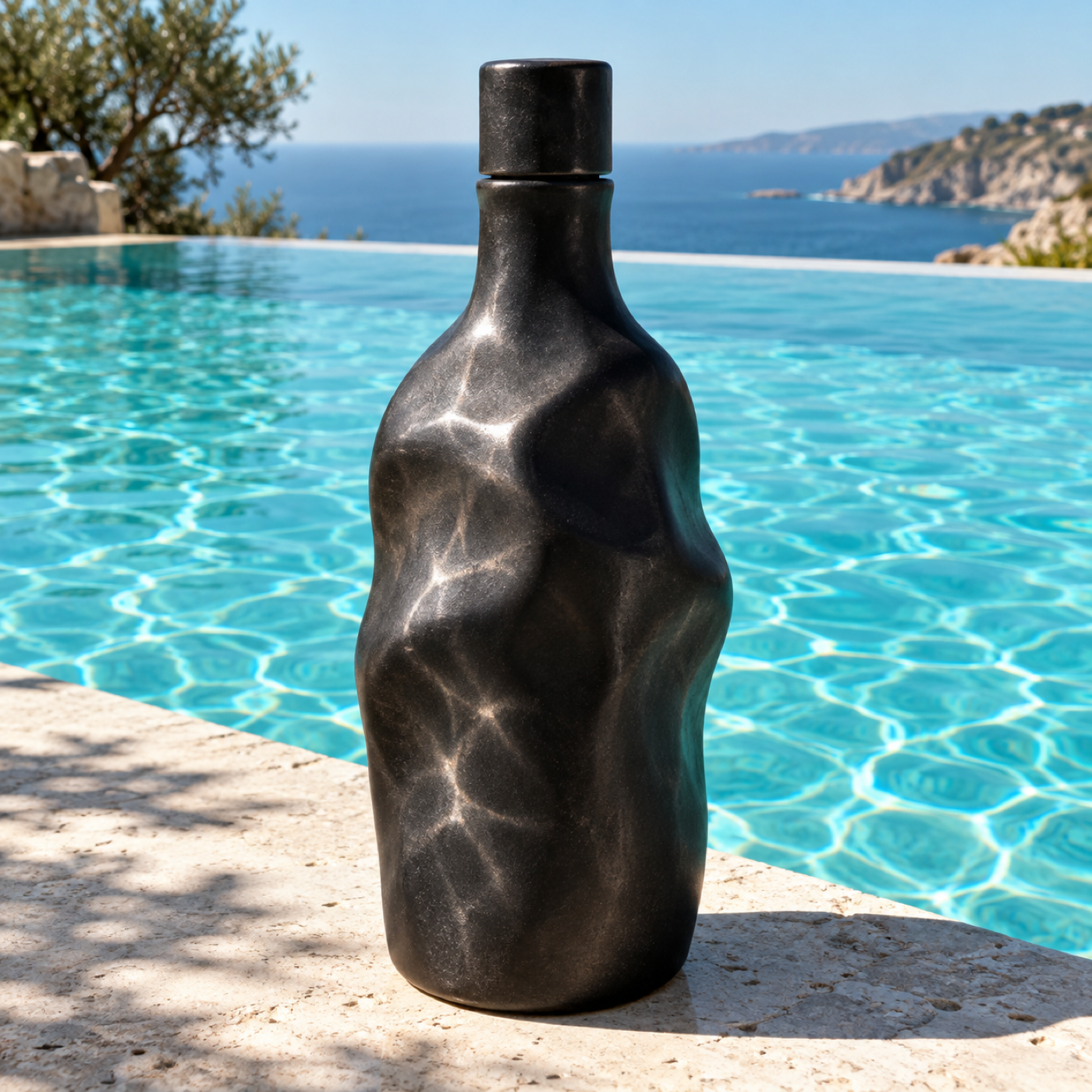 Sculptural black vessel by water