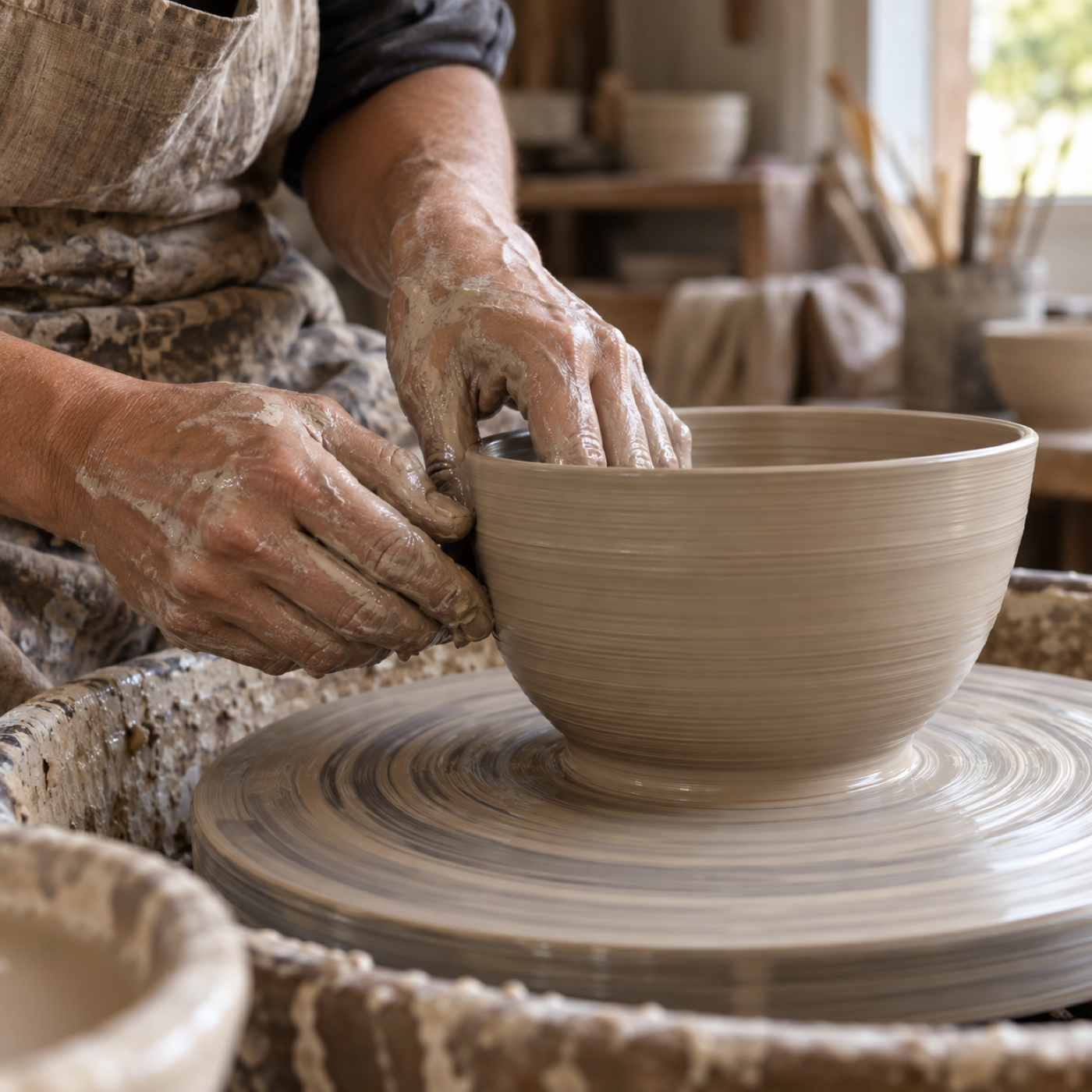 A ceramic artist throwing a bowl